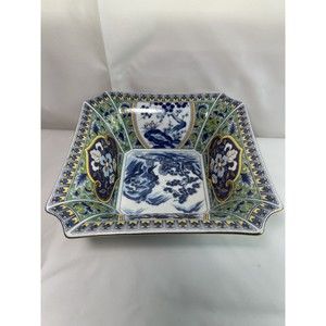 Vintage Japanese Handpainted Rice Bowl Square Corners Gold‎ trim 8"